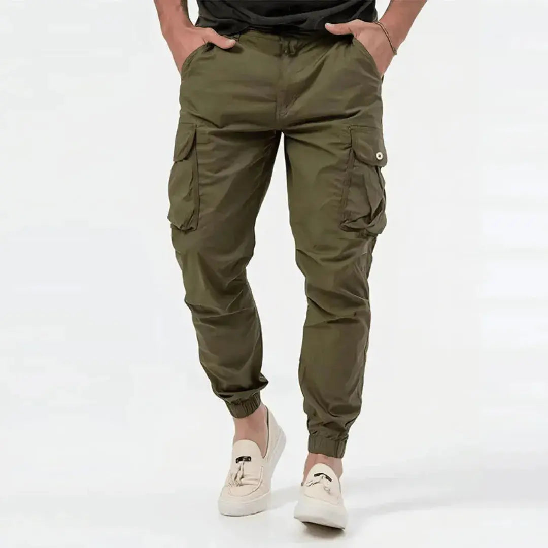 Men's gray cargo joggers slim tapered cut 4-way stretch cotton with multiple utility pockets