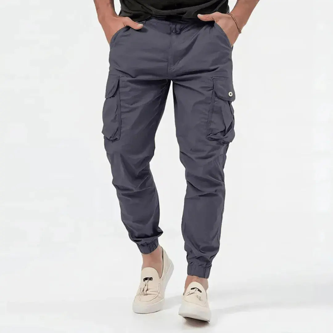 Men's gray cargo joggers slim-fit 4-way stretch cotton with multi-pocket utility design