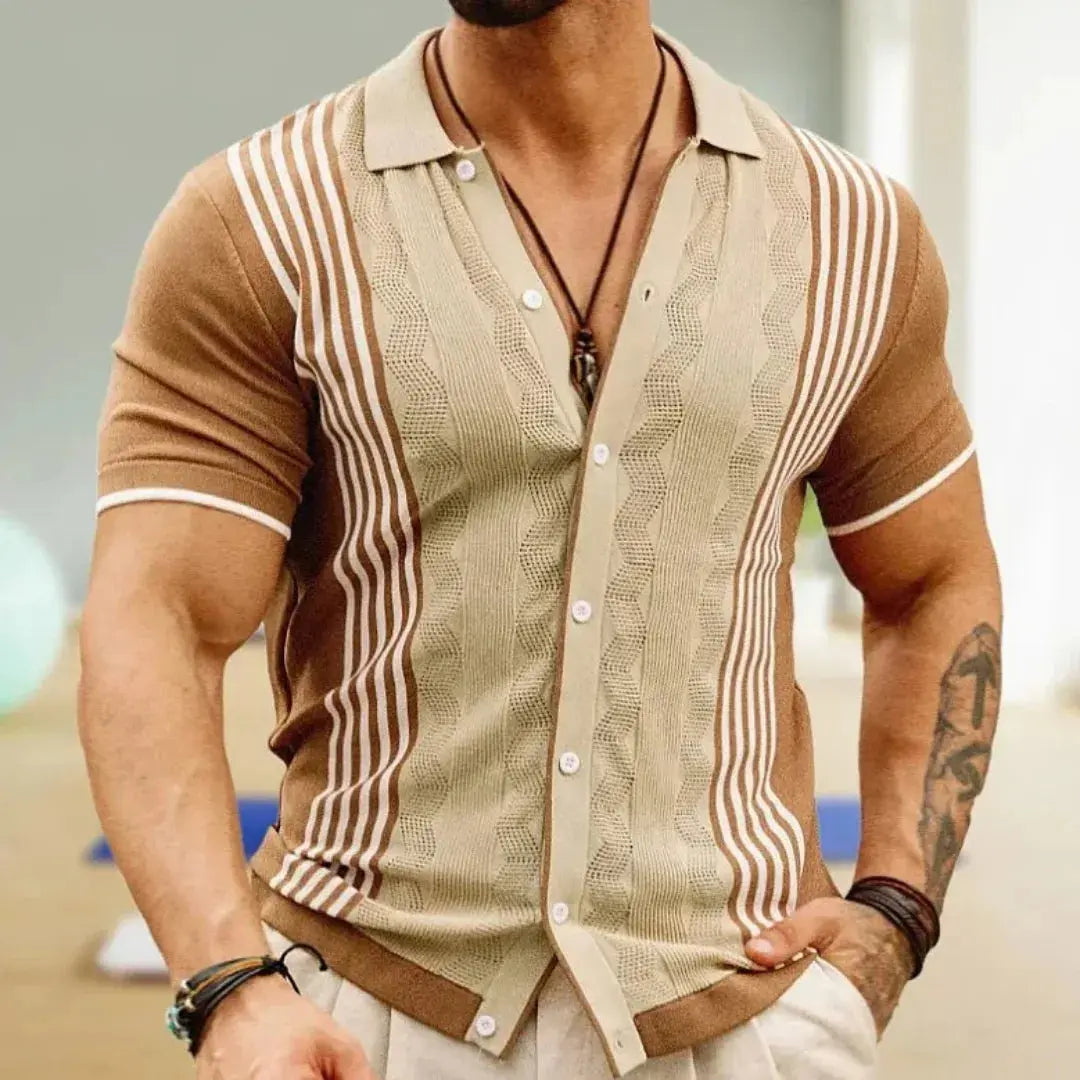 Men's striped knit shirt lightweight breathable urban style with refined slim silhouette