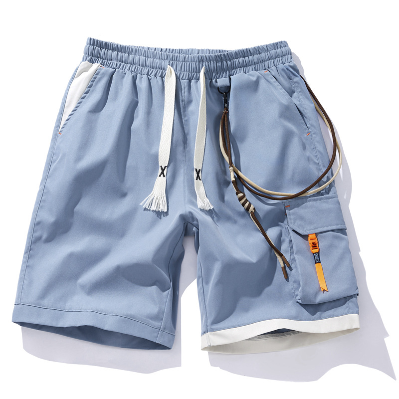 Black cargo shorts elastic drawcord contrast orange accents lightweight streetwear style urban fit