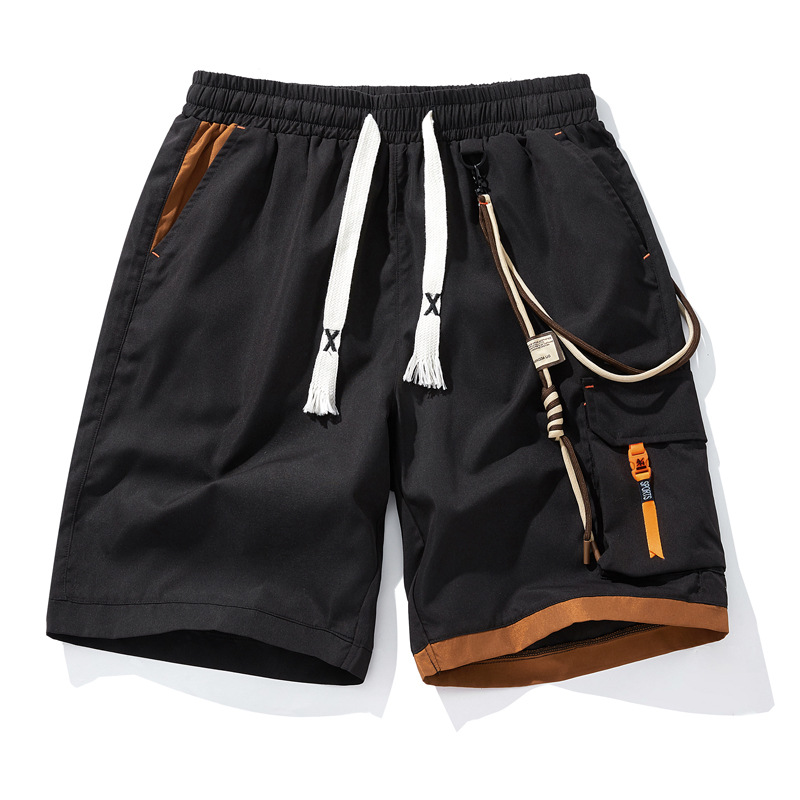 Black cargo shorts elastic drawcord contrast orange accents lightweight streetwear urban style