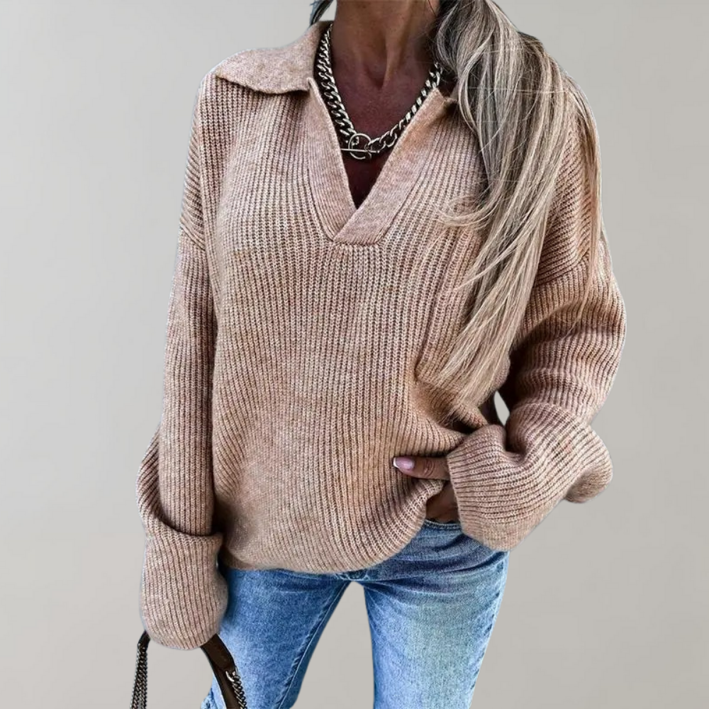 Women's oversized V-neck ribbed pullover sweater, relaxed fit with collarbone-flattering neckline