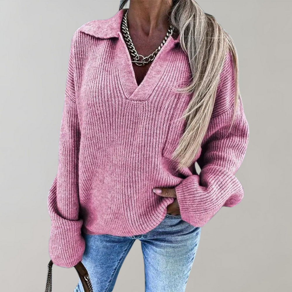 Women's oversized V-neck ribbed pullover sweater, relaxed cozy fit, collarbone-flattering neckline