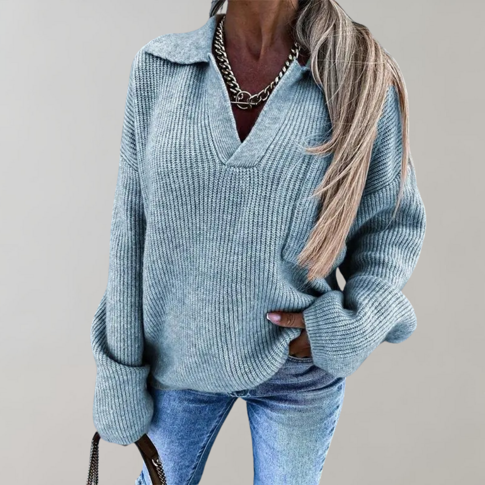 Women's oversized V-neck ribbed pullover sweater, relaxed cozy fit with flattering collarbone neckline