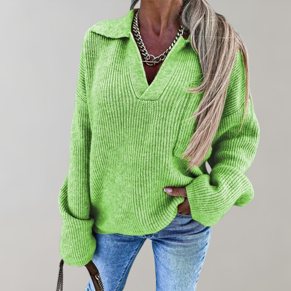 Women's oversized V-neck pullover sweater, relaxed fit ribbed knit in neutral tone, collarbone-flattering neckline