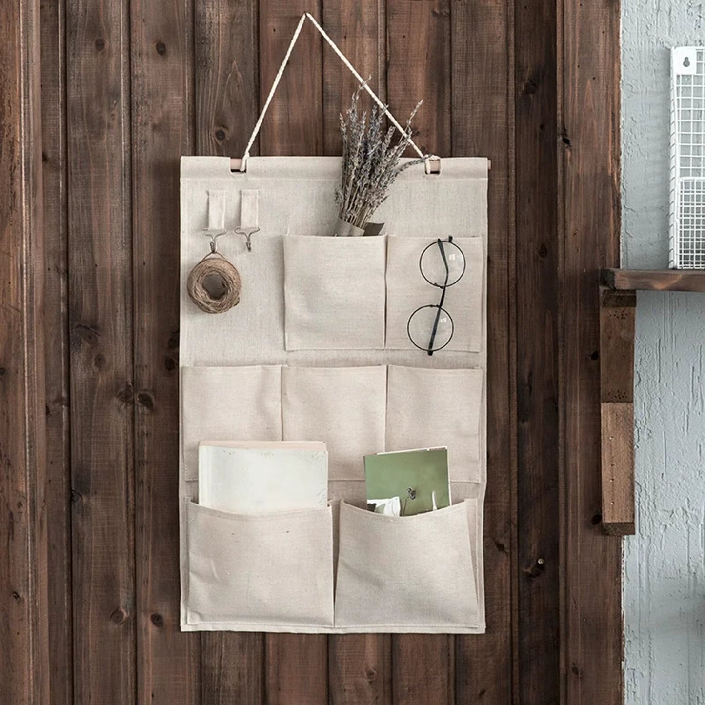 Nest canvas wall organizer nine pockets wood dowel rope jute-cotton blend home storage solution