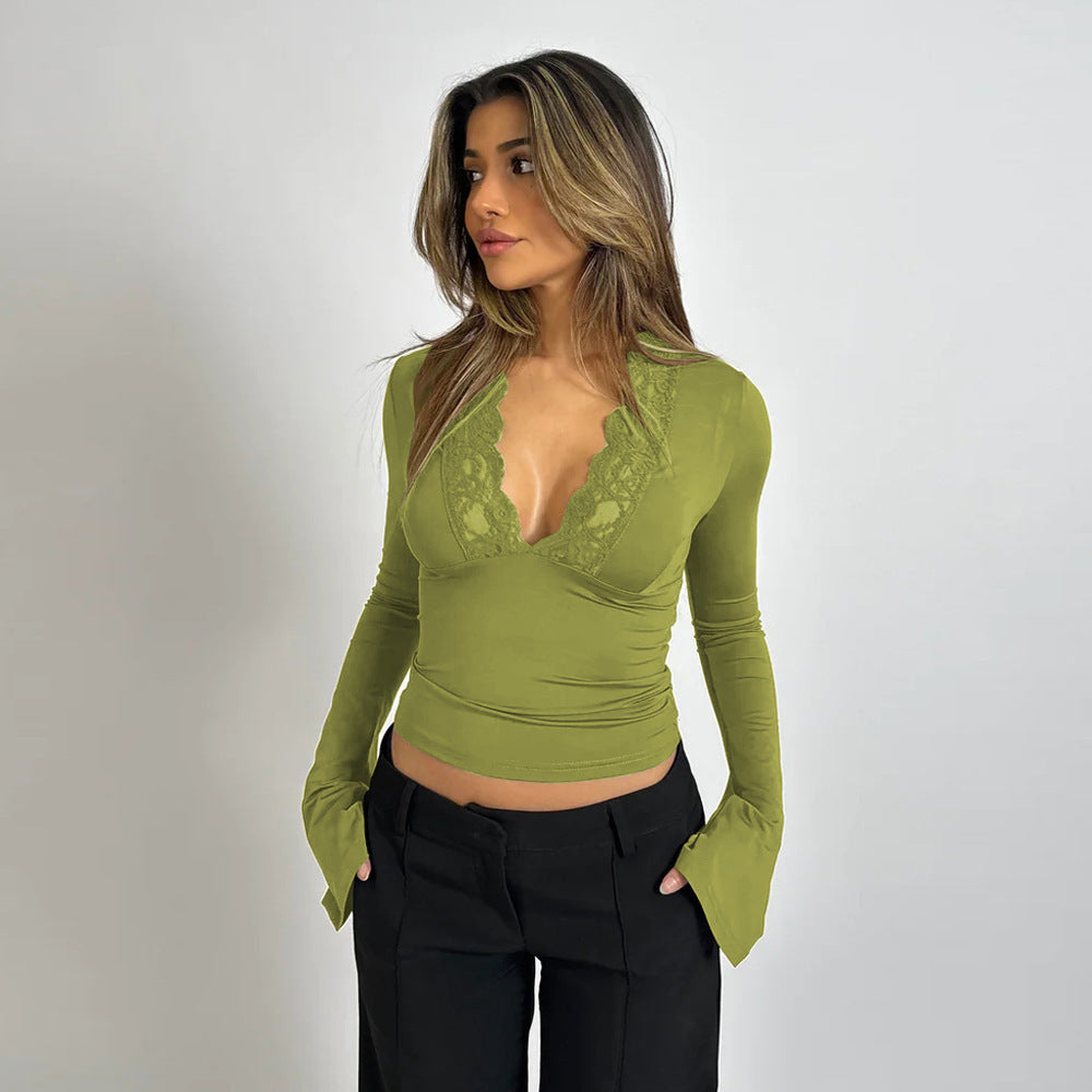 Fiorenza women's white V-neck blouse with dramatic flare sleeves and elegant flattering fit