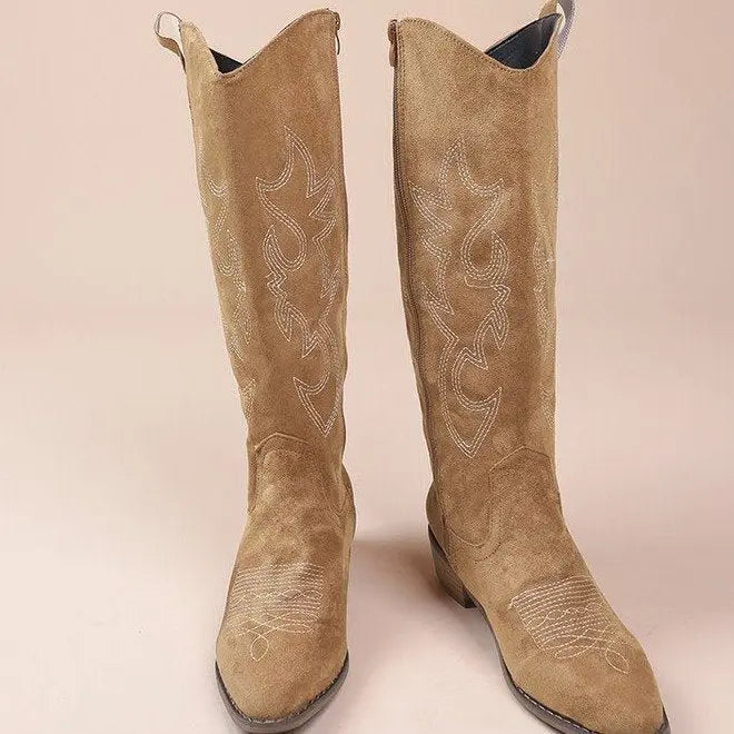 Women's brown V-cut cowboy ankle boots with ethnic embroidery, vintage-inspired western style