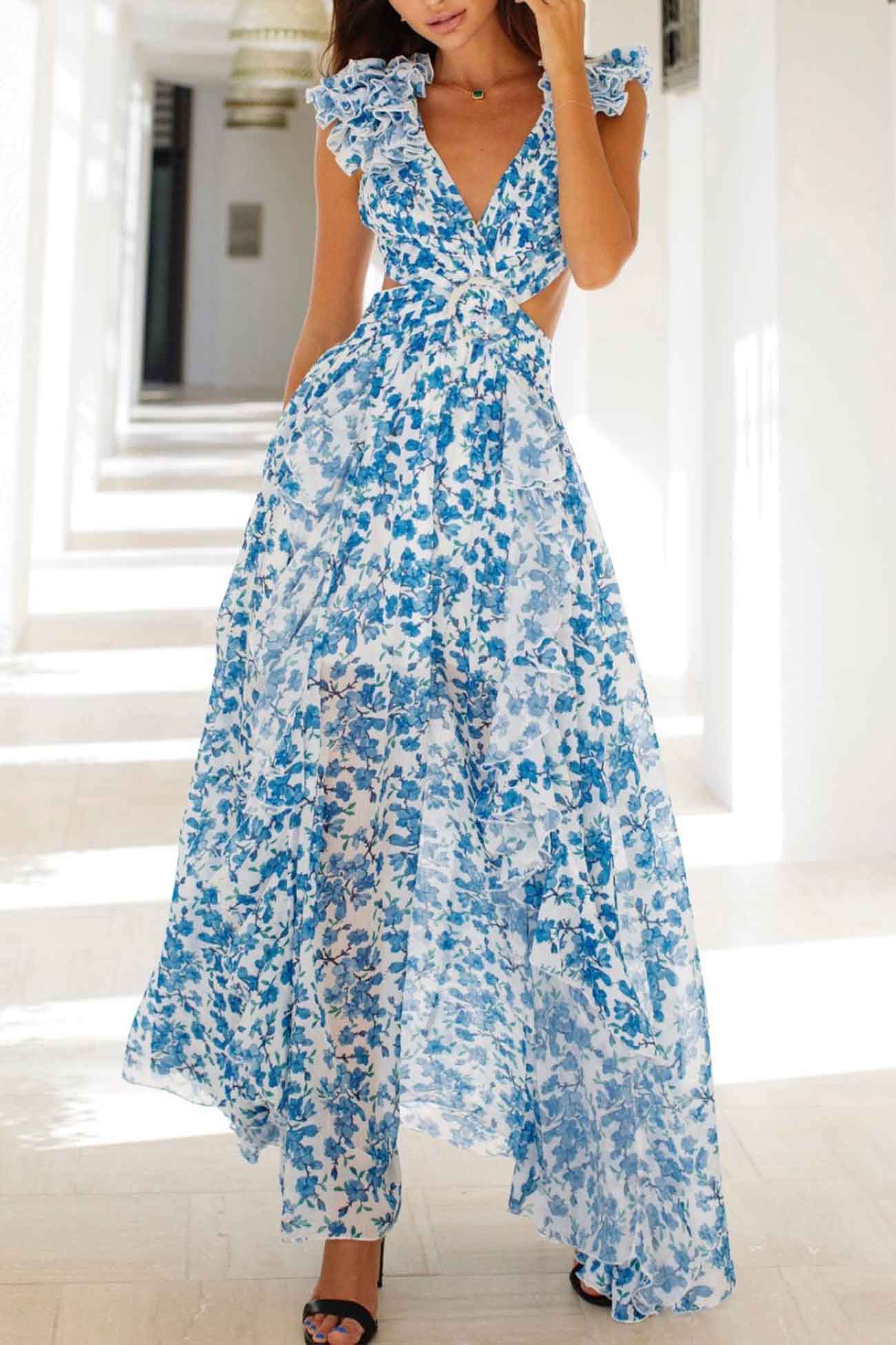 Floral maxi dress women V-neck ruffled sleeves cut-out waist elegant flowing silhouette