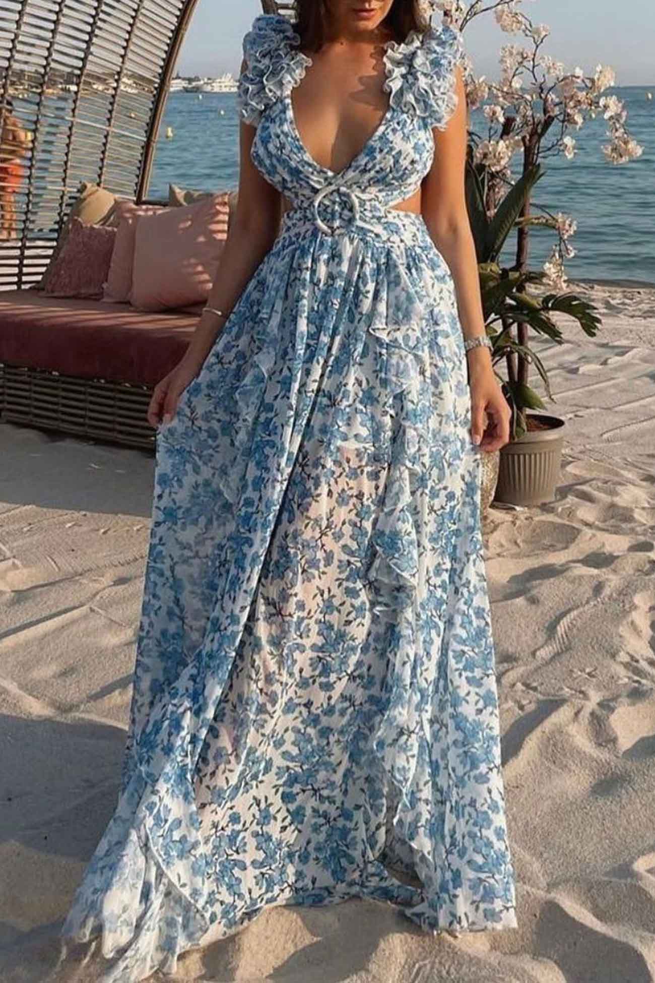 Floral maxi dress women V-neck ruffled sleeves cut-out waist elegant flowing silhouette