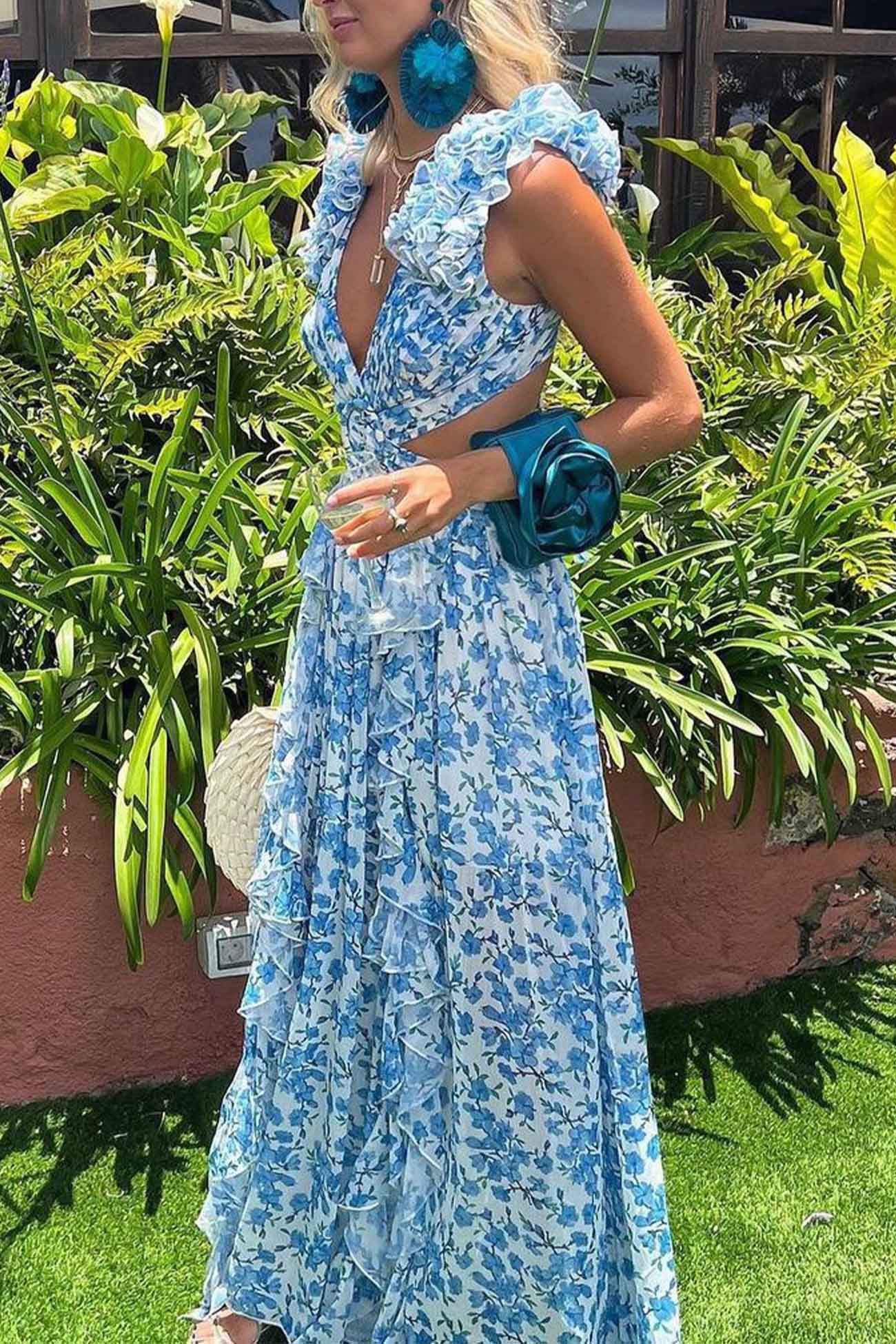 Floral maxi dress women V-neck ruffled sleeves cut-out waist elegant flowing silhouette