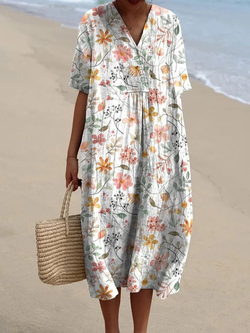Women's floral midi dress, V-neck cut, vibrant summer print, lightweight breezy beach style