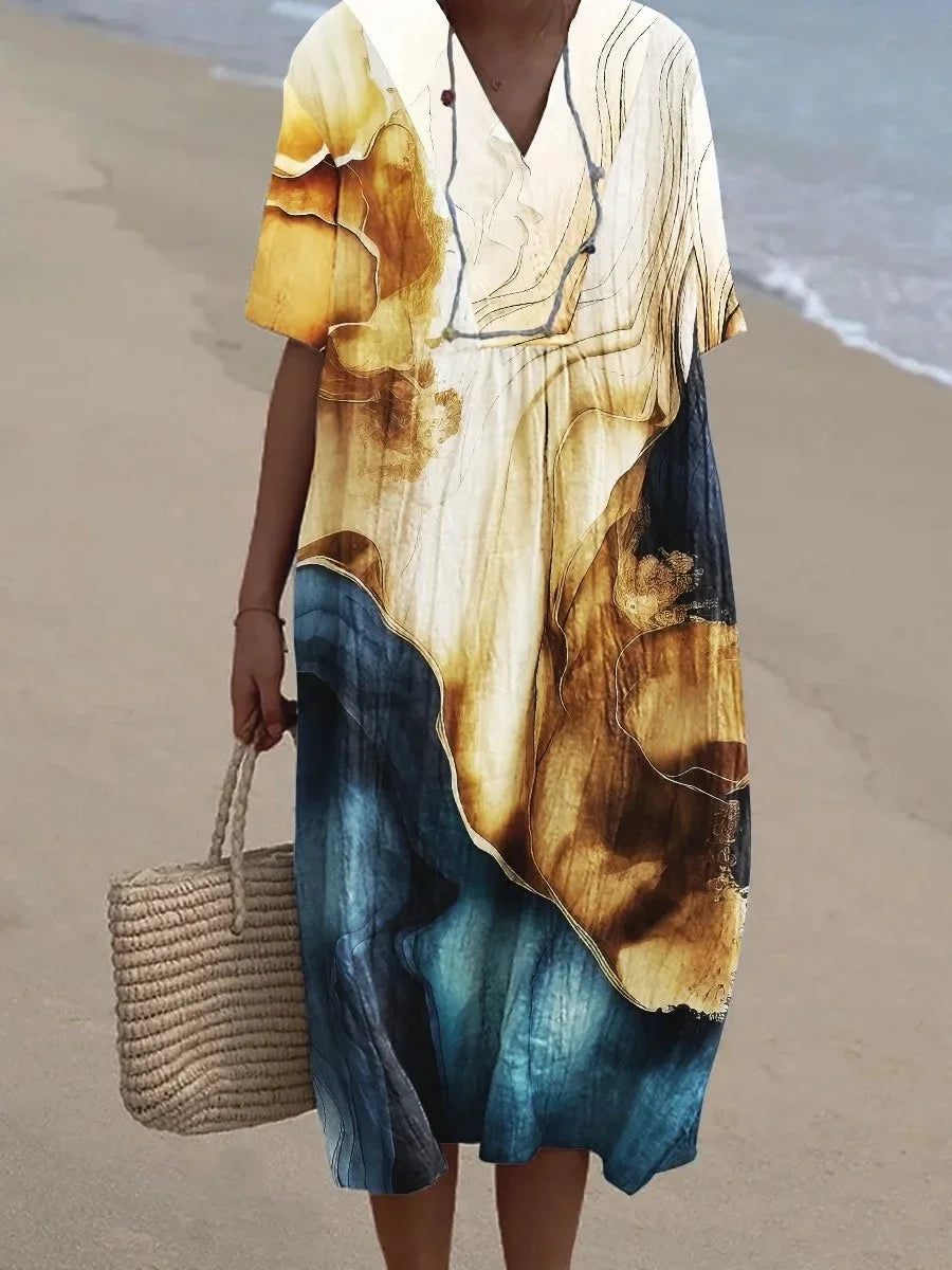 Women's floral midi dress, V-neck breezy lightweight summer beach style in vibrant print