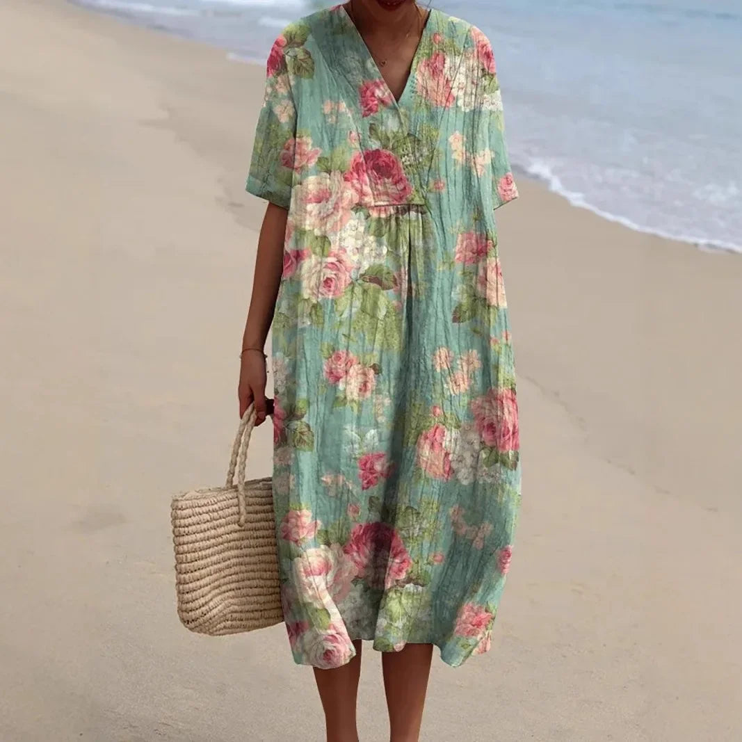 Women's floral midi dress, V-neck breezy beach style, vibrant summer print lightweight fabric