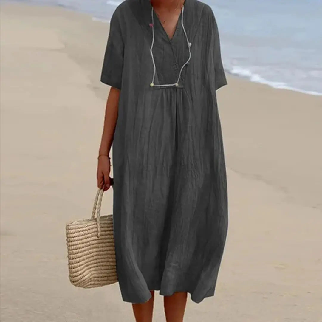 Women's relaxed-fit linen v-neck summer dress in natural breathable fabric with effortless casual style