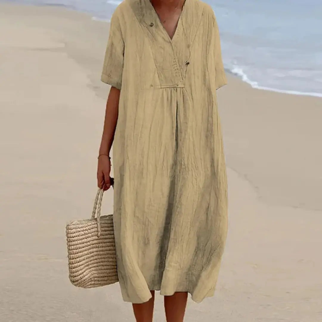 Women's relaxed-fit linen v-neck summer dress, breathable natural fabric for warm-weather effortless style