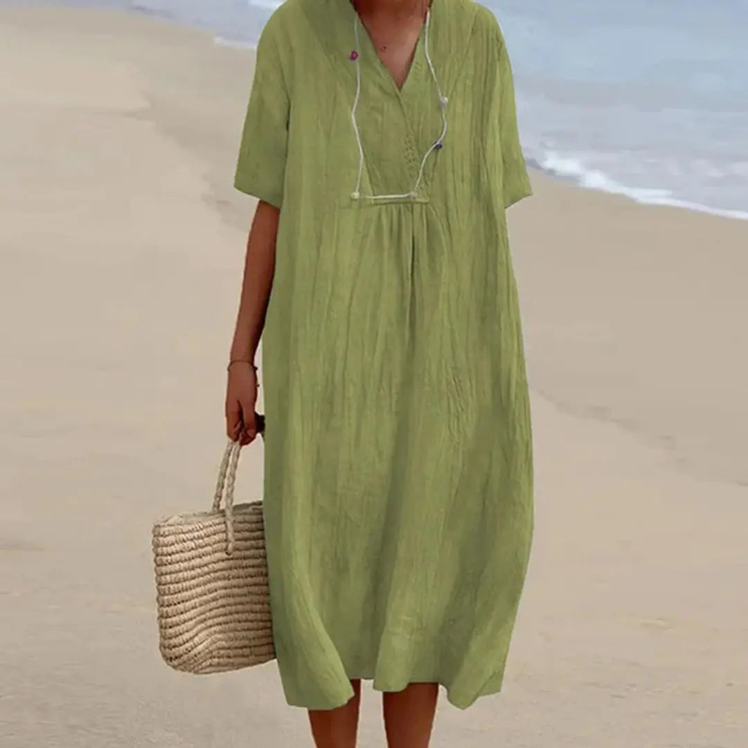 Women's relaxed fit linen v-neck summer dress, breathable natural fabric for warm-weather casual style