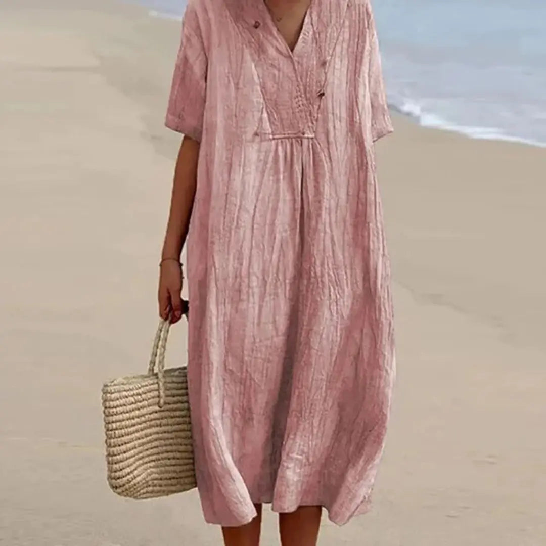 Women's relaxed-fit linen V-neck summer dress, breathable natural fabric for effortless warm-weather style