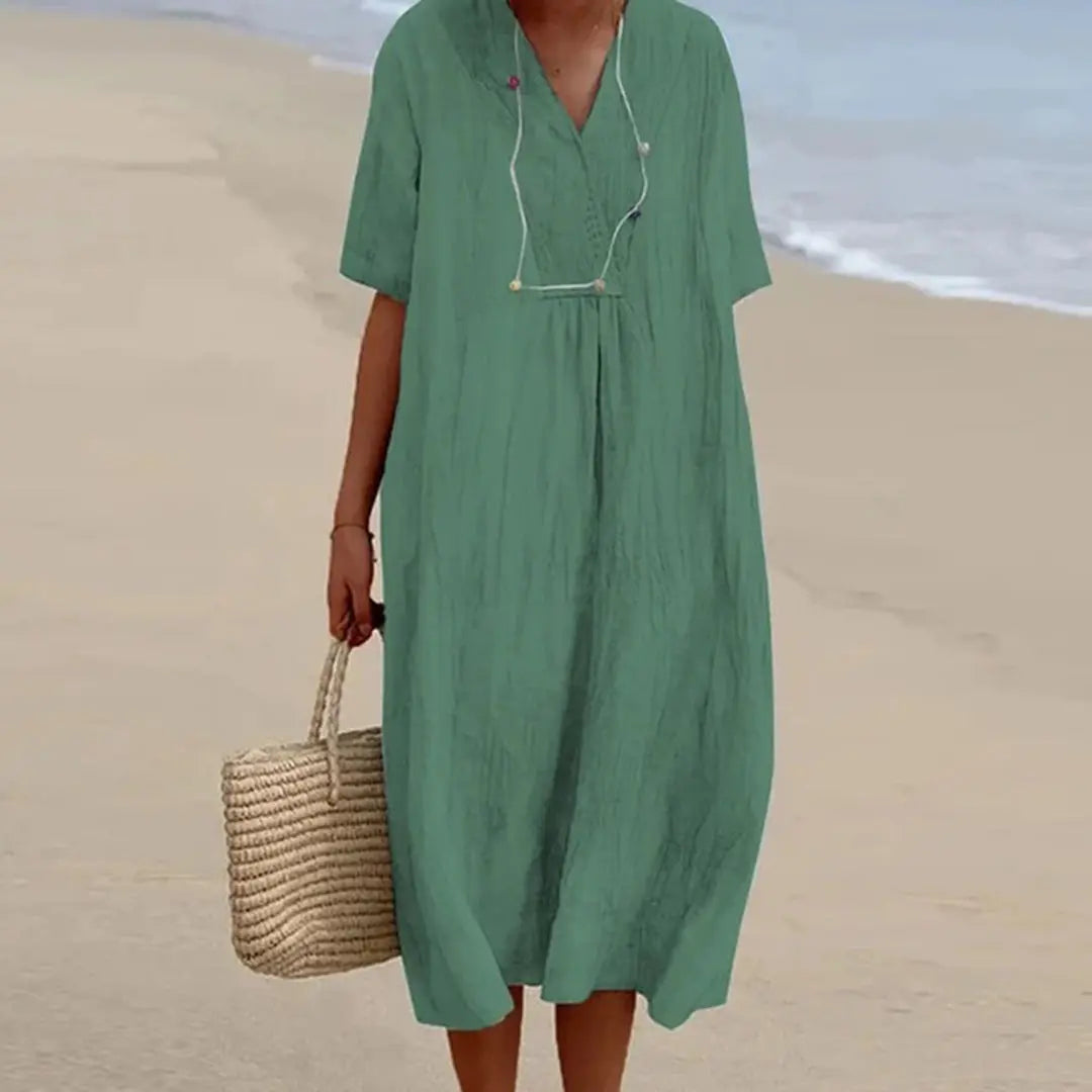 Women's relaxed-fit linen V-neck summer dress, breathable natural fabric for effortless warm-weather style
