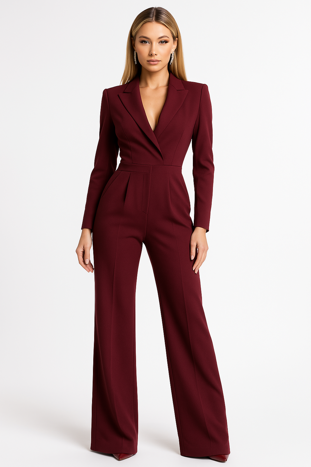 Black wide-leg jumpsuit tailored blazer bodice V-neck plunging neckline power silhouette