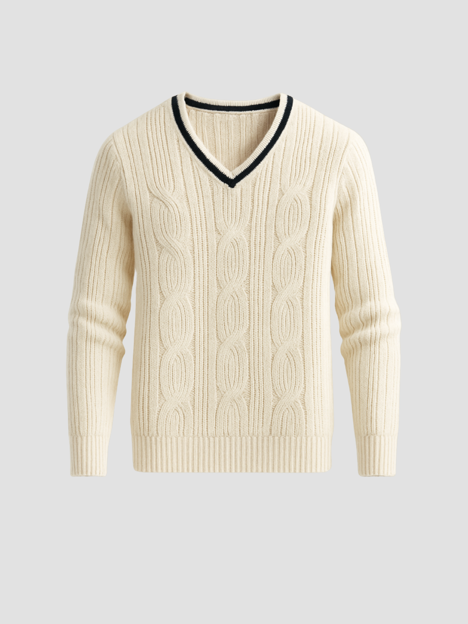 Cream cable knit V-neck sweater with contrast piping trim, preppy style relaxed fit