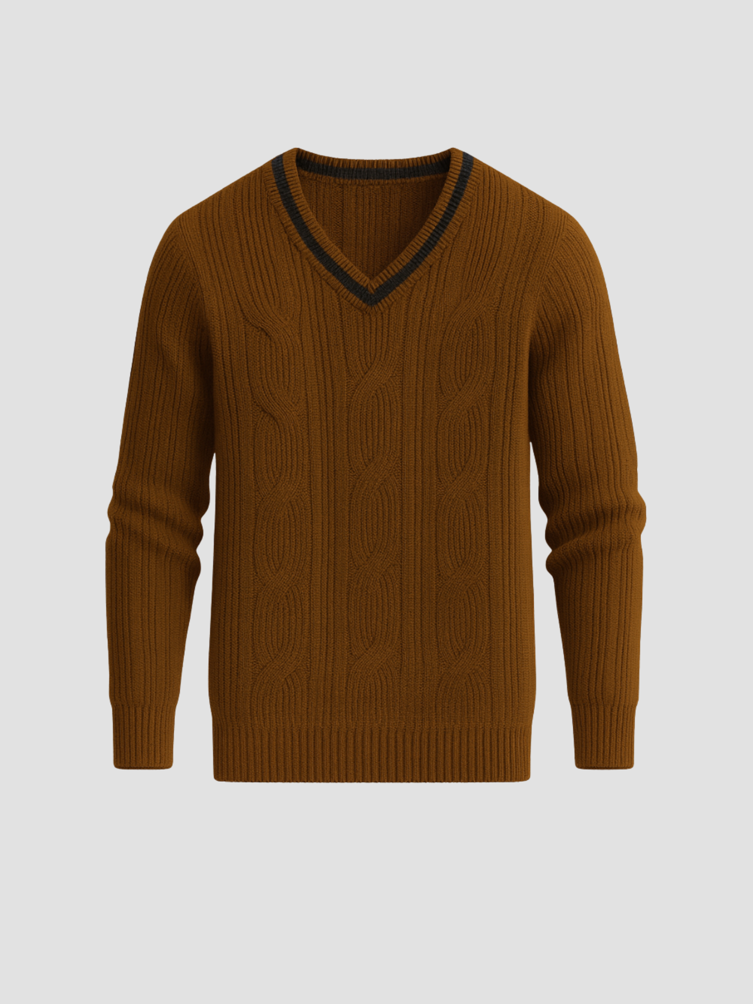 Cream cable knit V-neck sweater with contrast piping trim, preppy style relaxed fit