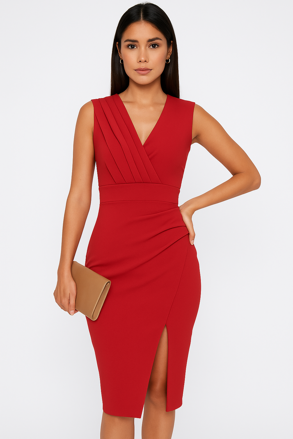 Black bodycon midi dress with deep V-neck, pleated bodice, and sculpted silhouette for formal events