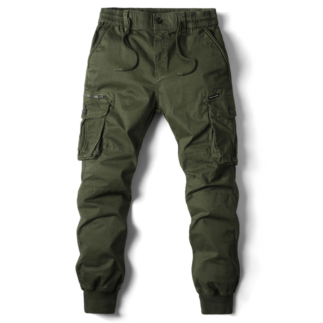 Men's tapered fit cargo trousers with utility pockets, streamlined urban streetwear silhouette