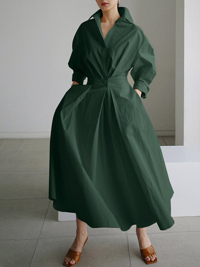 Women's midi shirt dress A-line silhouette long sleeve with adjustable waistband office-to-evening style