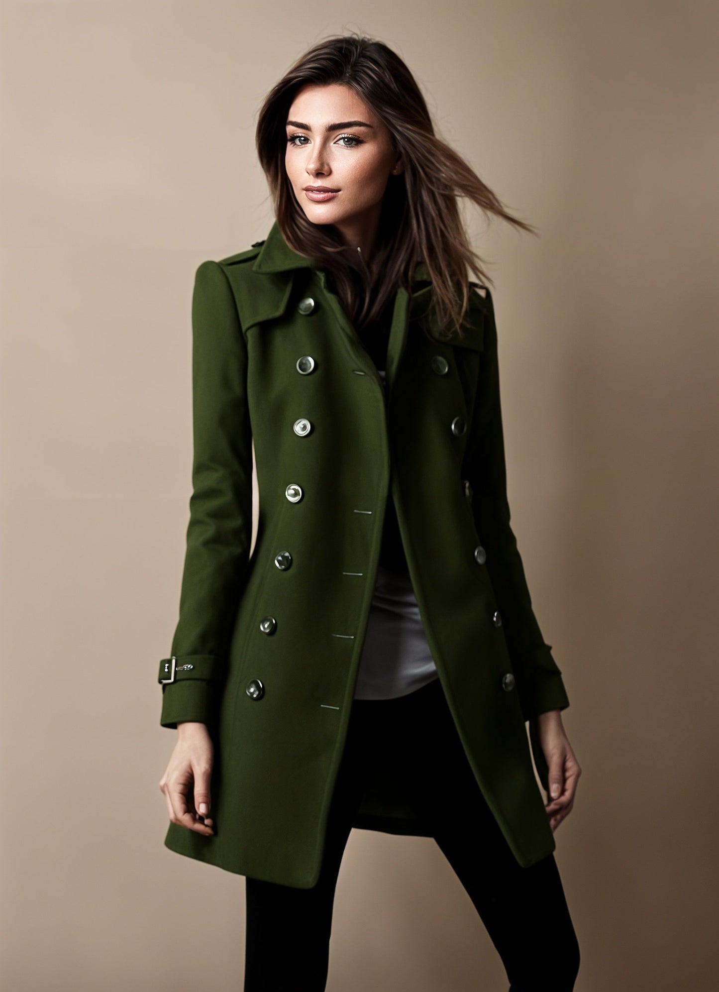 Women's elegant winter coat button closure classic silhouette warm durable fabric timeless tailored fit