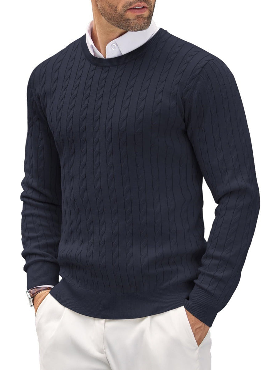 Men's slim fit fine knit cotton sweater round neck, clean modern silhouette in neutral tone