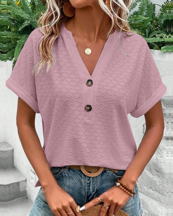 Elizay women's elegant V-neck blouse short sleeves button detail regular fit office chic top