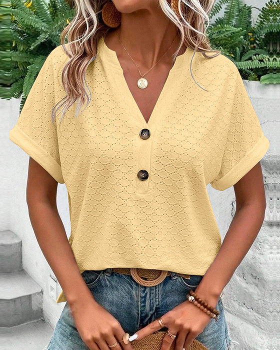 Elizay women's elegant office blouse short sleeves V-neckline button detail everyday chic regular fit