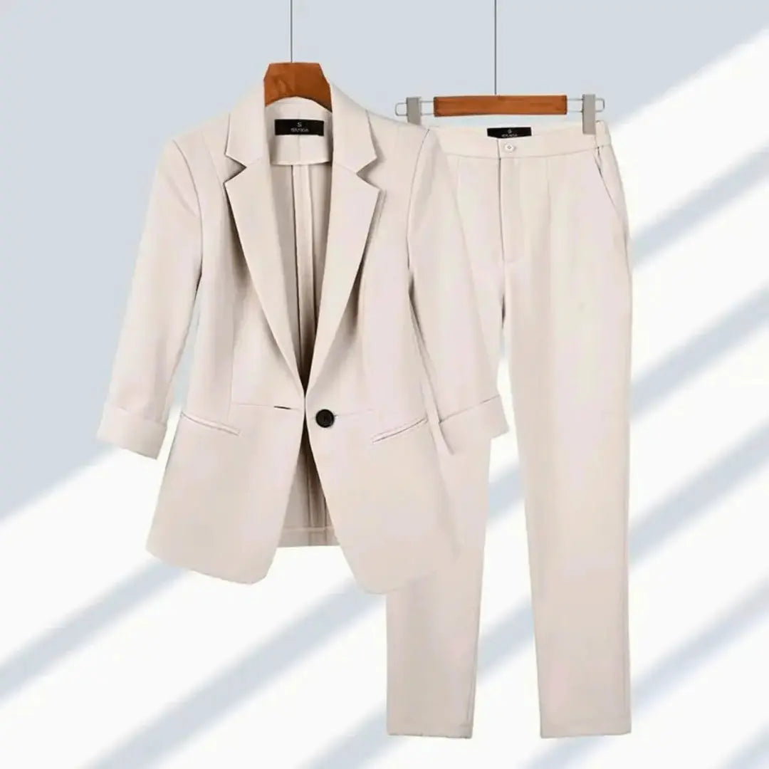 Women's classic tailored suit set slim-fit blazer and trousers professional two-piece ensemble