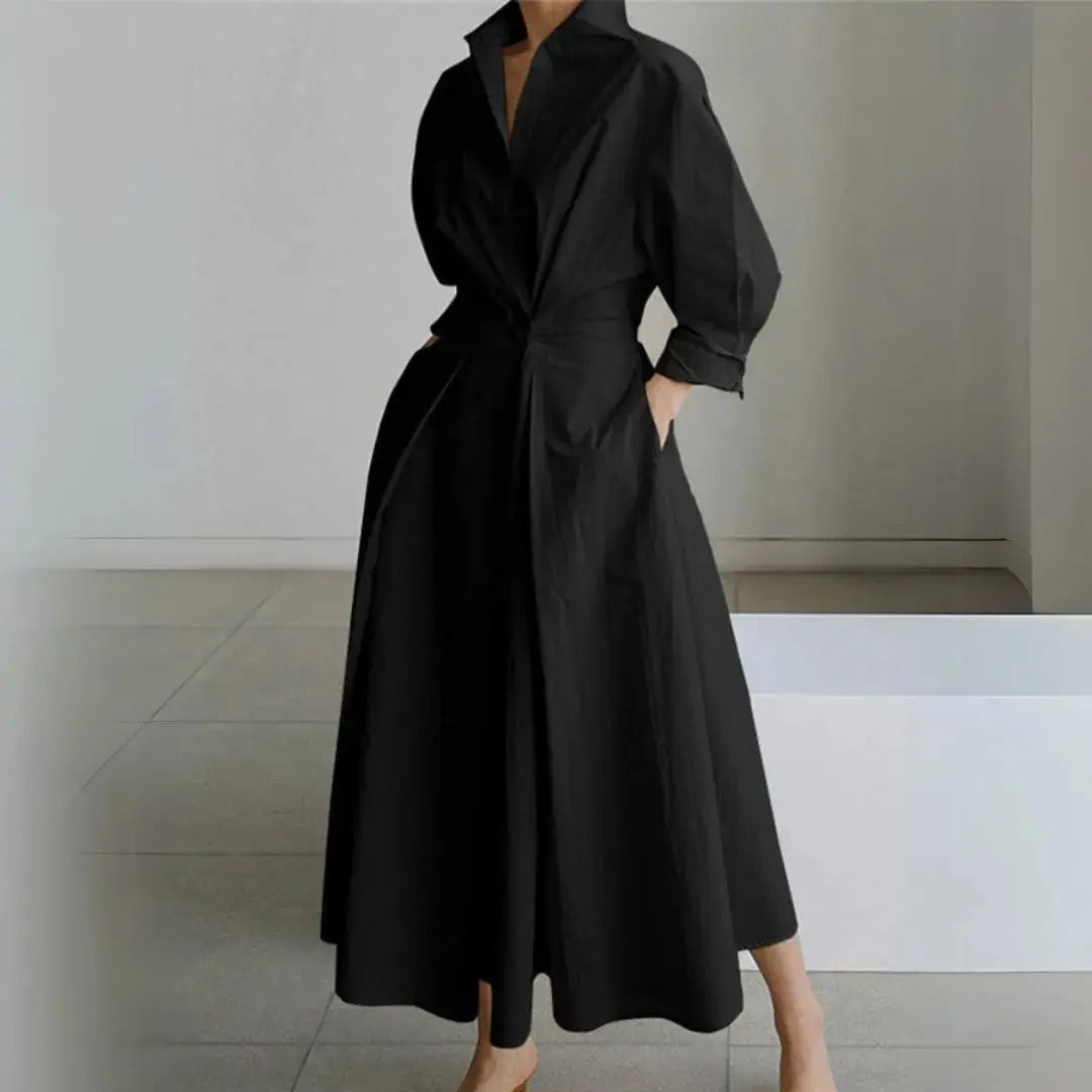 Women's beige cinched waist shirt dress long sleeves wrinkle-resistant button-down silhouette