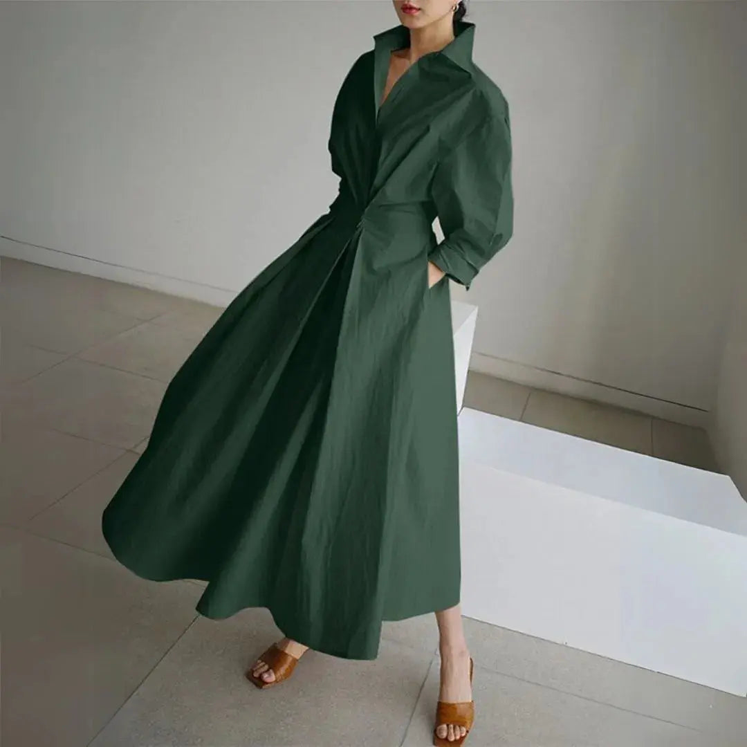 Women's navy cinched waist shirt dress long sleeves button-down wrinkle-resistant office brunch