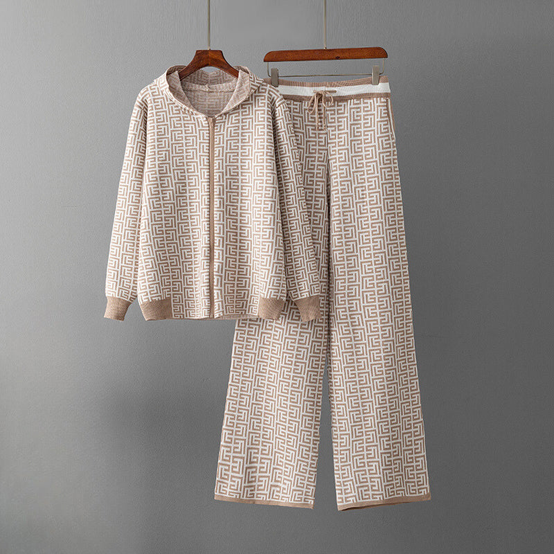 Women's abstract geometric print hooded cardigan and wide-leg pants two-piece loungewear set