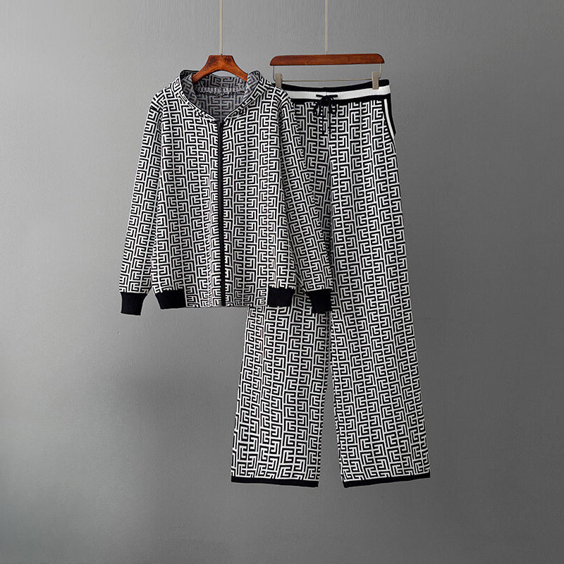 Women's geometric print hooded cardigan and wide-leg pants two-piece loungewear set bold abstract