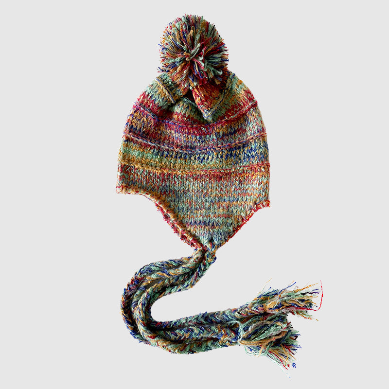 Handcrafted women's winter knit hat in multicolor aurora hues with cozy HeatLock insulation