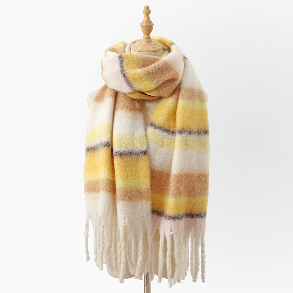 Women's oversized striped scarf with long fringe detail, cozy casual wrap for cooler days