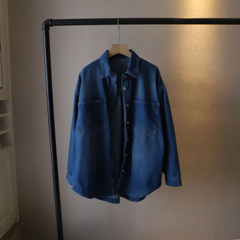 Women's vintage-wash denim shirt relaxed fit with utility patch pockets in soft blue cotton