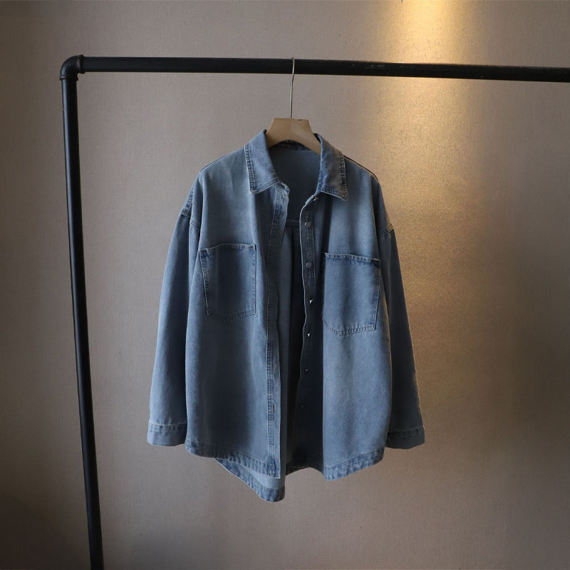Women's vintage wash denim shirt relaxed fit with utility patch pockets in soft-washed cotton