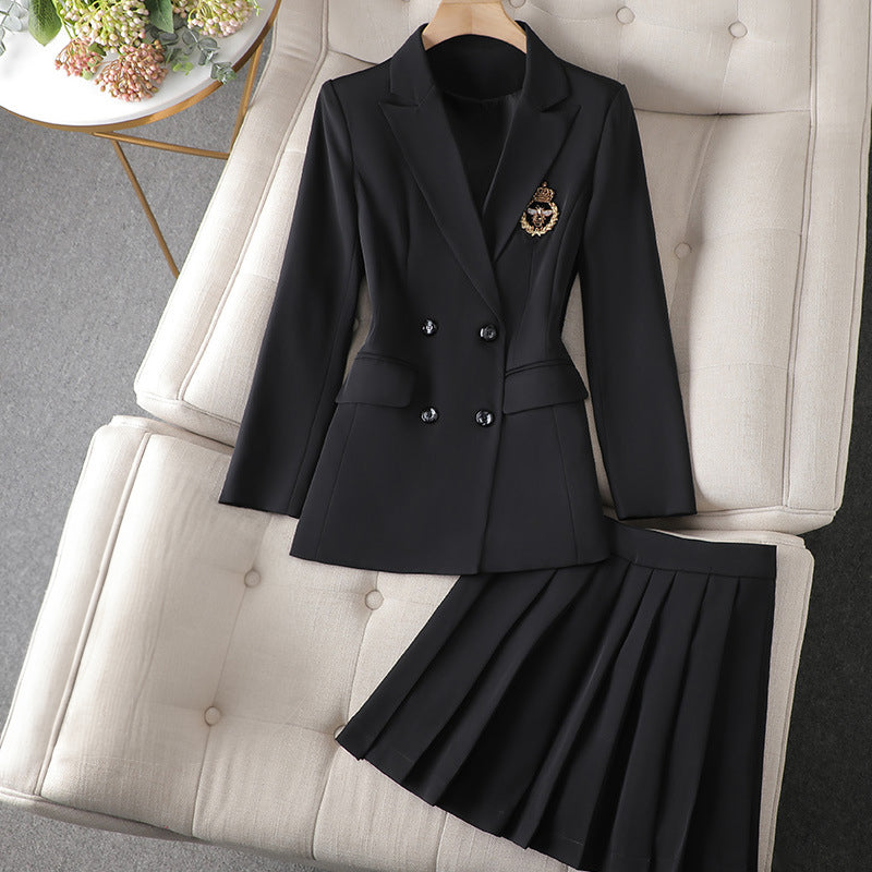 Ivory double-breasted blazer and pleated mini skirt two-piece couture set for day-to-night styling
