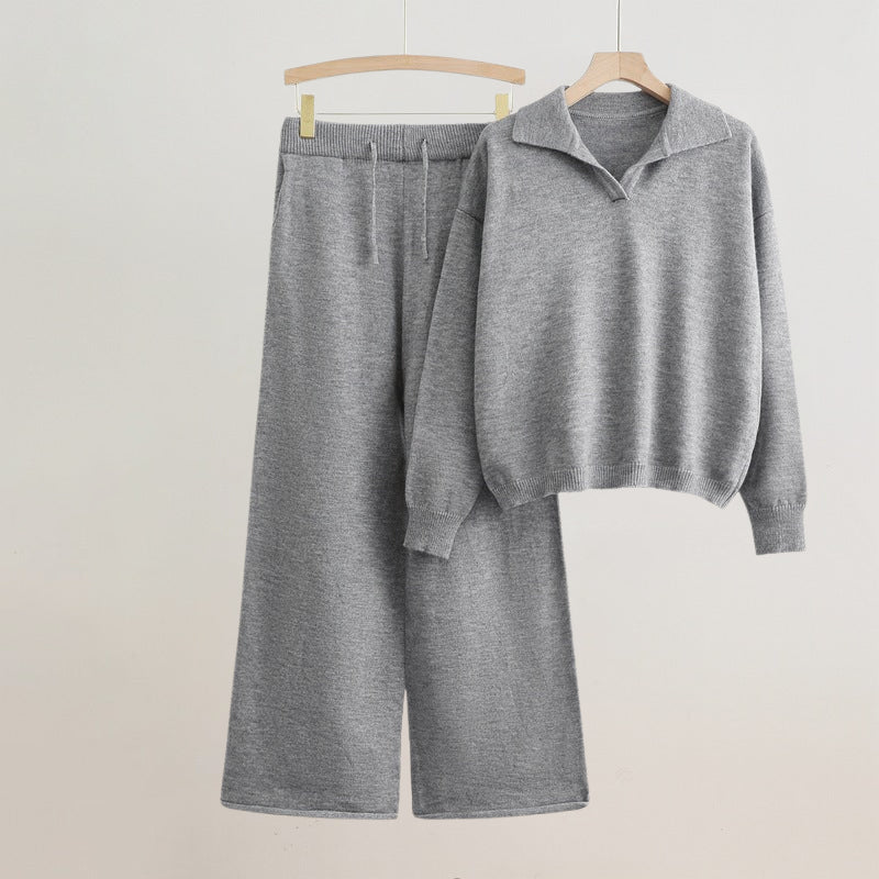 Women's beige knit sweater set long sleeve top wide leg pants casual elegant matching coord