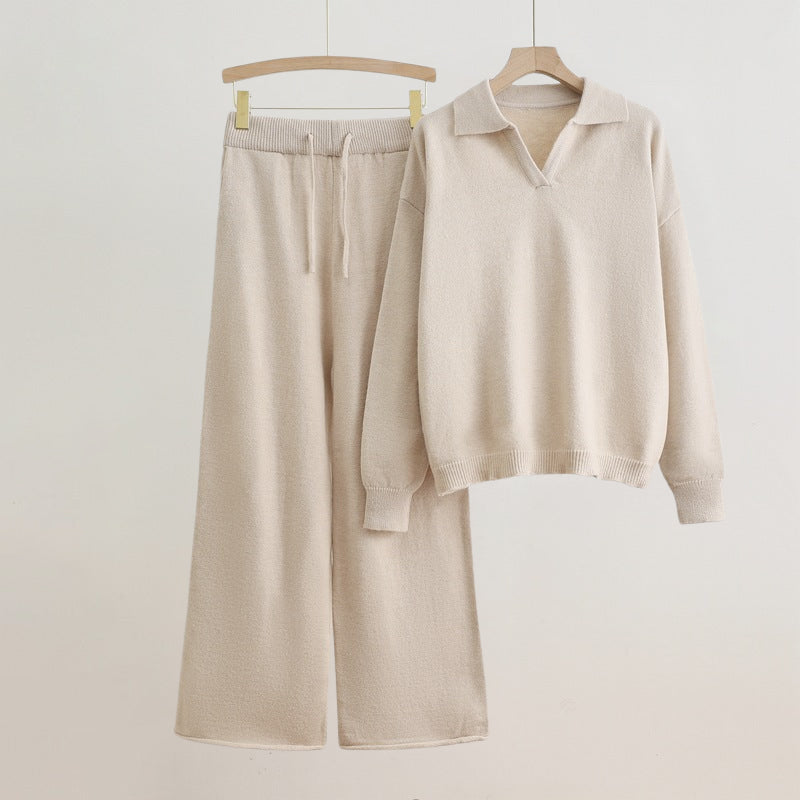 Dahlia two-piece set relaxed fit long sleeve sweater and wide leg pants solid color coordinated lounge
