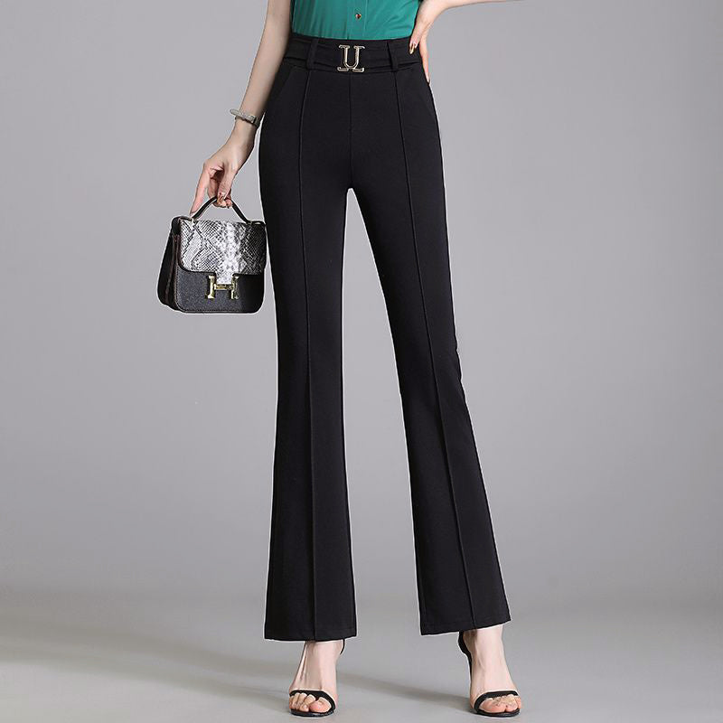 Elegant high-waisted flared pants in lightweight polyblend tailored silhouette for professional women