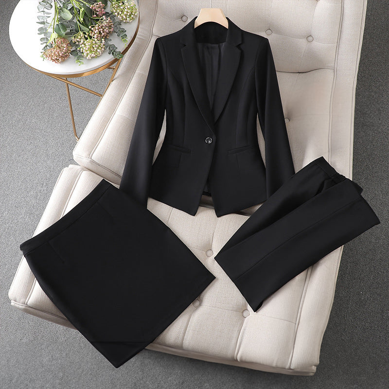 Women's black 3-piece tailored blazer, pencil pants & knee-length skirt professional set