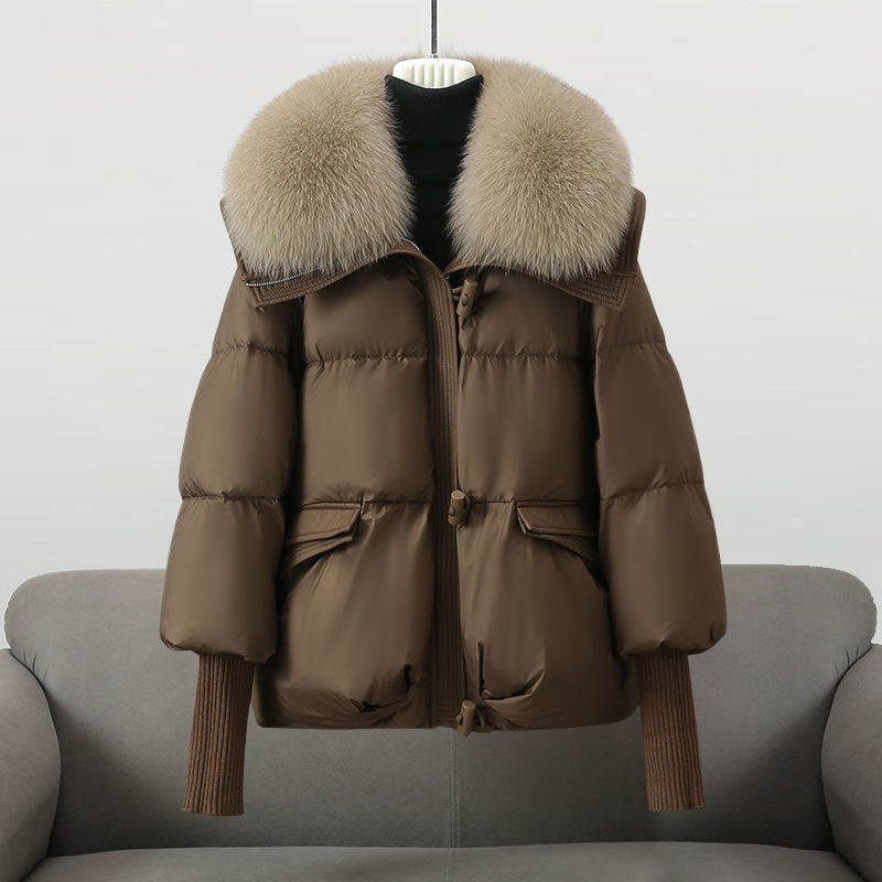 Women's black quilted puffer jacket relaxed fit with plush fur collar and toggle front closure