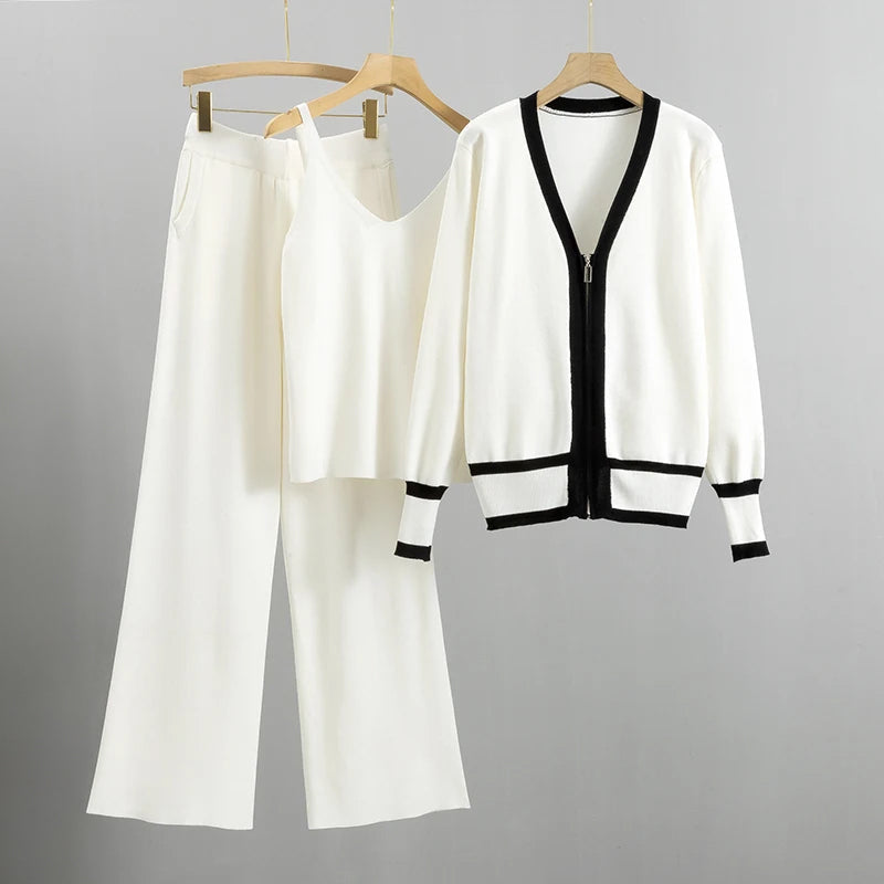 Women's knitted 3-piece set wide-leg pants sleeveless top cardigan elegant comfortable ensemble