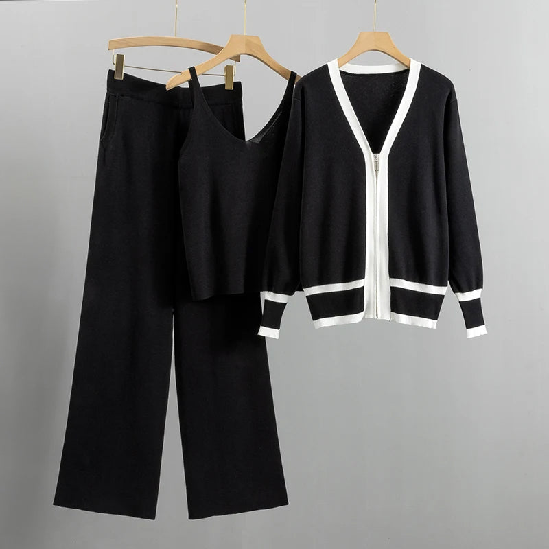 Women's knitted 3-piece set wide-leg pants sleeveless top cardigan elegant ribbed texture